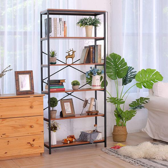 Himimi 5-Shelf Industrial Bookcase, Vintage Wood Open Storage Bookself with Angle Iron Metal Frame, Display Rack and Storage Organizer, Free Standing Storage Display Shelves for Home Office